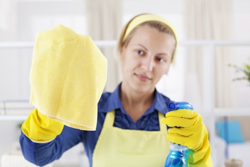 Technician performing professional sofa cleaning with safety equipment