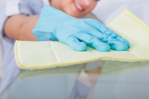 Cleaners managing equipment and wet surfaces during sofa cleaning